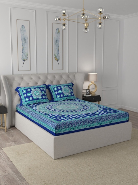 

JAIPUR FABRIC Blue & Green Ethnic Motifs Cotton 120 TC Queen Bedsheet with 2 Pillow Covers