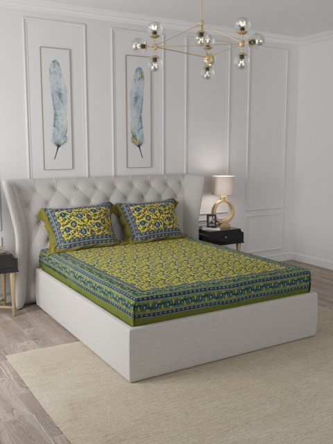

JAIPUR FABRIC Green & Blue Floral 180 TC Queen Cotton Bedsheet with 2 Pillow Covers