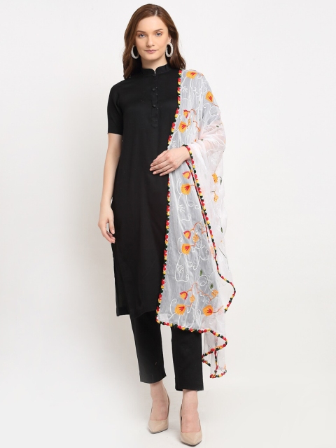 

Sugathari White & Orange Ethnic Motifs Embroidered Dupatta with Kantha Work
