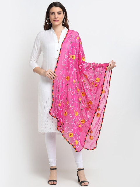 

Sugathari Pink & Yellow Ethnic Motifs Embroidered Kalamkari Dupatta with Kantha Work