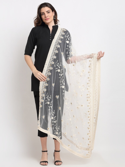 

Sugathari White & Gold-Toned Ethnic Motifs Embroidered Dupatta with Beads and Stones