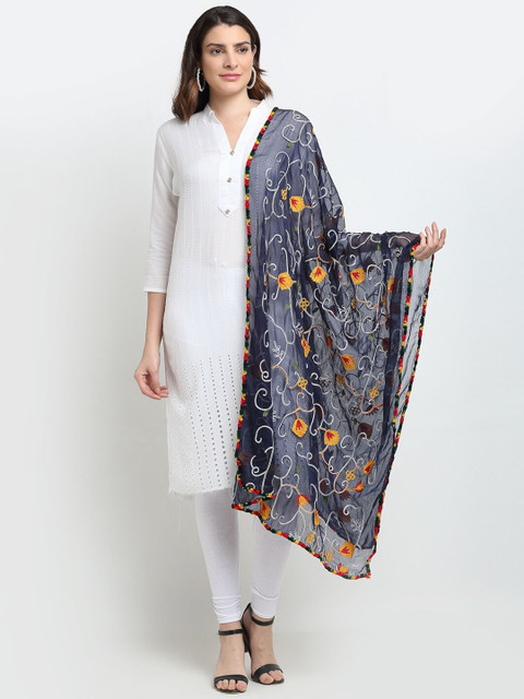 

Sugathari Navy Blue & Orange Embroidered Dupatta