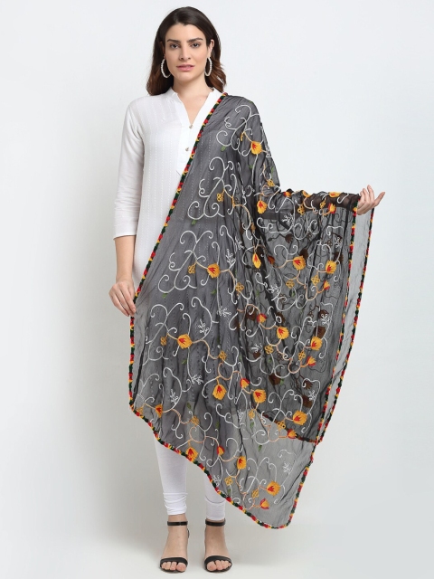 

Sugathari Black & Yellow Embroidered Kalamkari Dupatta with Kantha Work