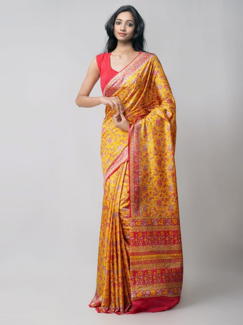

Unnati Silks Yellow & Red Floral Printed Silk Blend Mysore Silk Saree