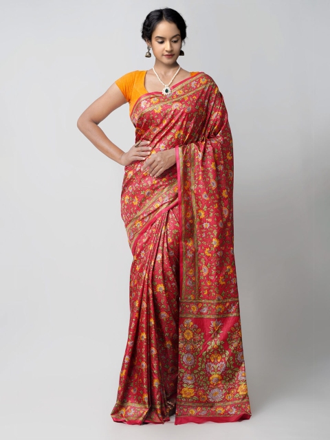 

Unnati Silks Red & Mustard Floral Silk Blend Mysore Silk Saree