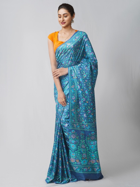 

Unnati Silks Blue Ethnic Motifs Block Printed Silk Blend Mysore Silk Saree
