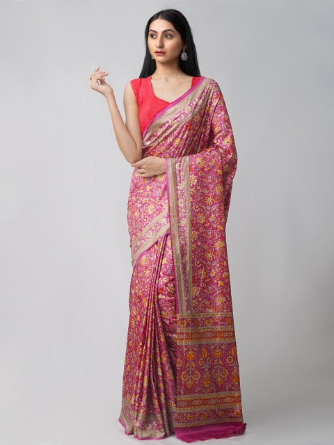 

Unnati Silks Purple & Mustard Ethnic Motifs Block Printed Silk Blend Mysore Silk Saree