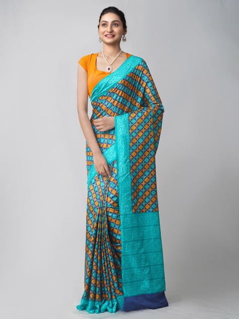 

Unnati Silks Blue & Camel Brown Ethnic Motifs Printed Silk Blend Mysore Silk Saree