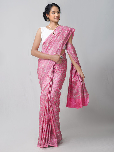 

Unnati Silks Pink & White Ethnic Motifs Silk Blend Mysore Silk Saree