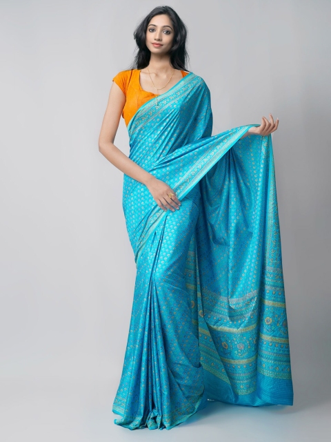 

Unnati Silks Blue & Beige Floral Printed Silk Blend Mysore Silk Saree