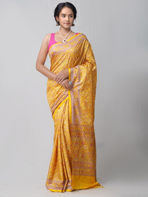 

Unnati Silks Yellow & Pink Ethnic Motifs Block Printed Silk Blend Mysore Silk Saree