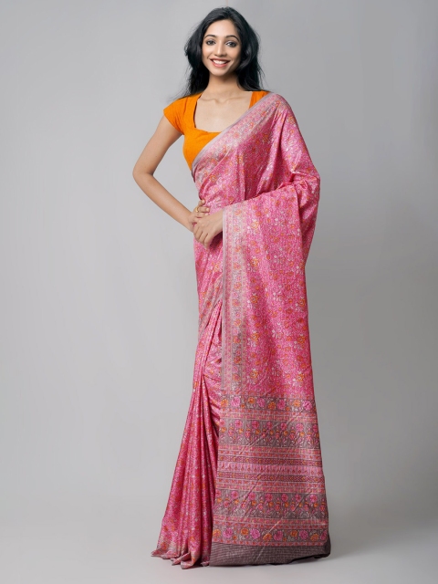 

Unnati Silks Pink & Orange Ethnic Motifs Block Printed Silk Blend Mysore Silk Saree