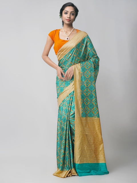 

Unnati Silks Green & Camel Brown Ethnic Motifs Silk Blend Mysore Silk Saree