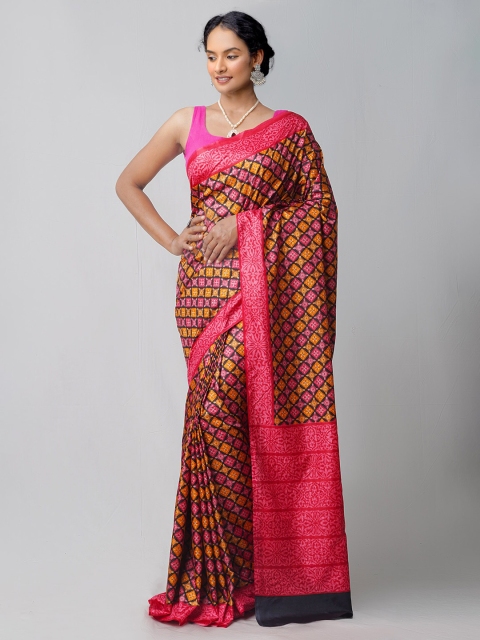 

Unnati Silks Pink & Orange Ethnic Motifs Silk Blend Mysore Silk Saree