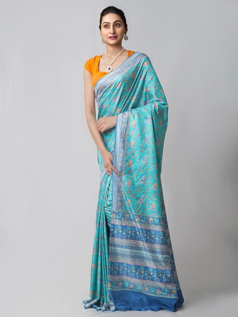 

Unnati Silks Turquoise Blue & Pink Block Printed Silk Blend Mysore Silk Saree