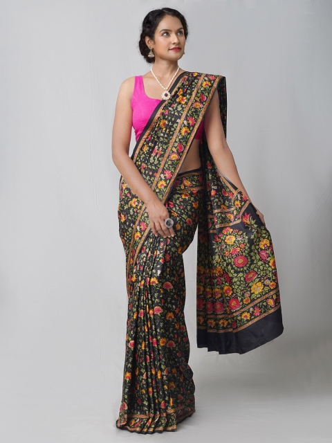

Unnati Silks Black & Red Floral Block Printed Silk Blend Mysore Silk Saree