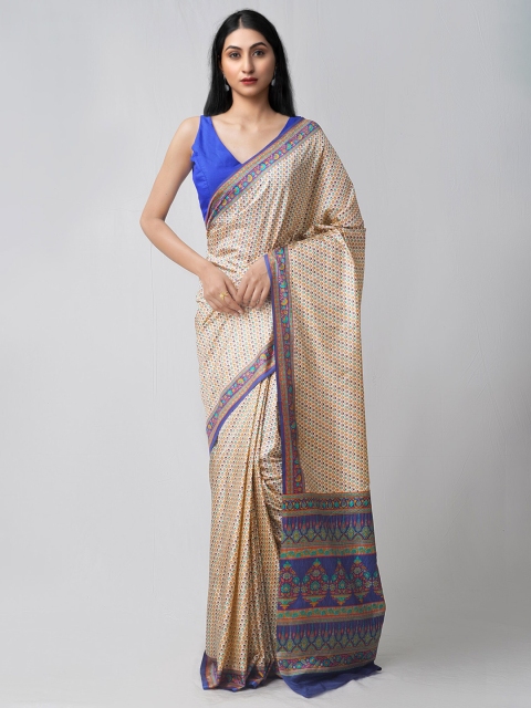 

Unnati Silks Cream-Coloured & Blue Ethnic Motifs Silk Blend Mysore Silk Saree