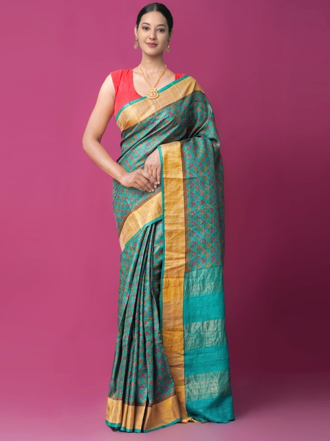 

Unnati Silks Green & Yellow Ethnic Motifs Handloom Sustainable Zari Pure Silk Tussar Saree