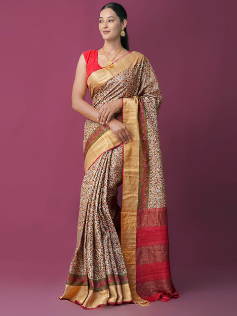 

Unnati Silks Beige & Red Ethnic Motifs Zari Pure Silk Tussar Saree
