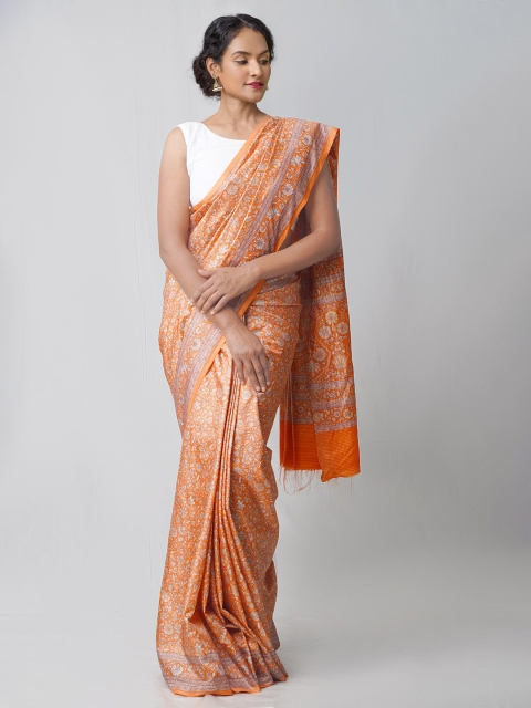 

Unnati Silks Orange & White Floral Printed Silk Blend Mysore Silk Saree