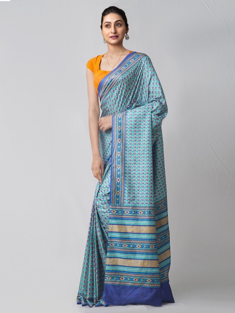 

Unnati Silks Navy Blue & Green Ethnic Motifs Block Printed Silk Blend Mysore Silk Saree