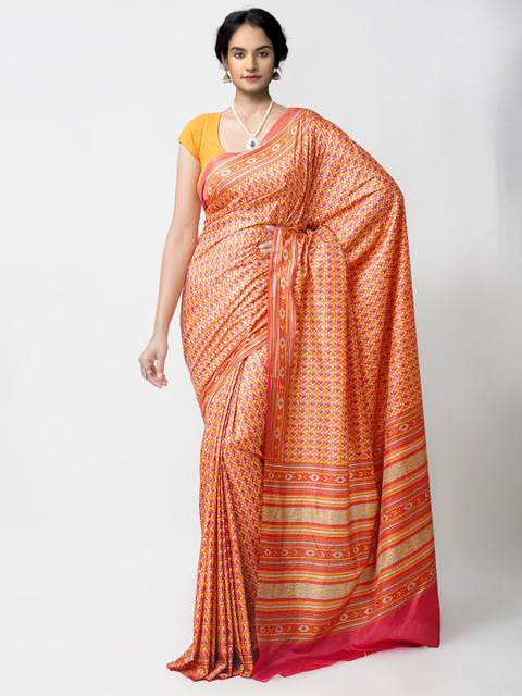 

Unnati Silks Orange & Pink Block Printed Silk Blend Mysore Silk Saree