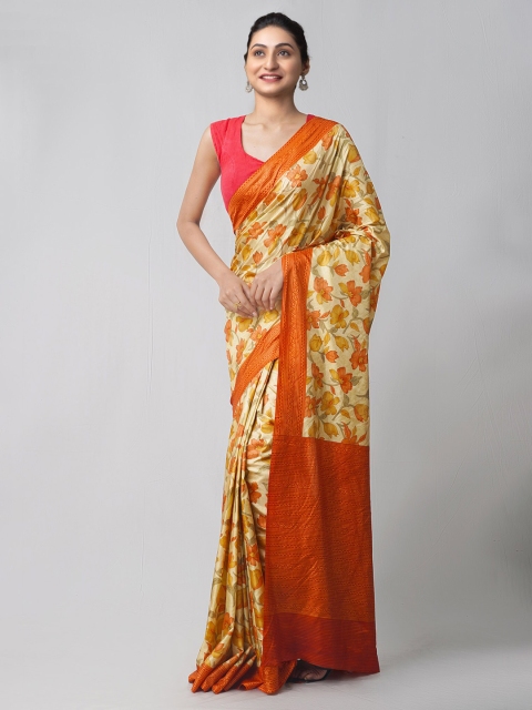 

Unnati Silks Brown & Orange Ethnic Motifs Silk Blend Mysore Silk Saree