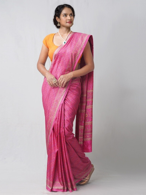 

Unnati Silks Pink Floral Silk Blend Mysore Silk Saree
