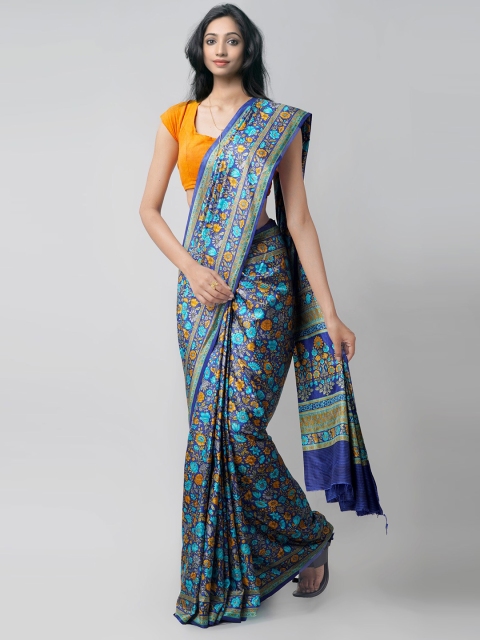 

Unnati Silks Blue & Yellow Floral Silk Blend Mysore Silk Saree