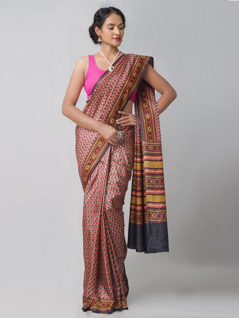 

Unnati Silks Red & Navy Blue Ethnic Motifs Block Printed Silk Blend Mysore Silk Saree