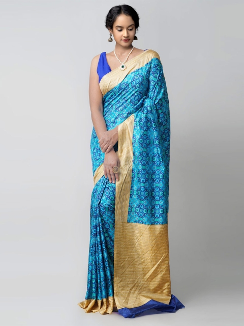 

Unnati Silks Blue & Gold-Toned Ethnic Motifs Silk Blend Mysore Silk Saree