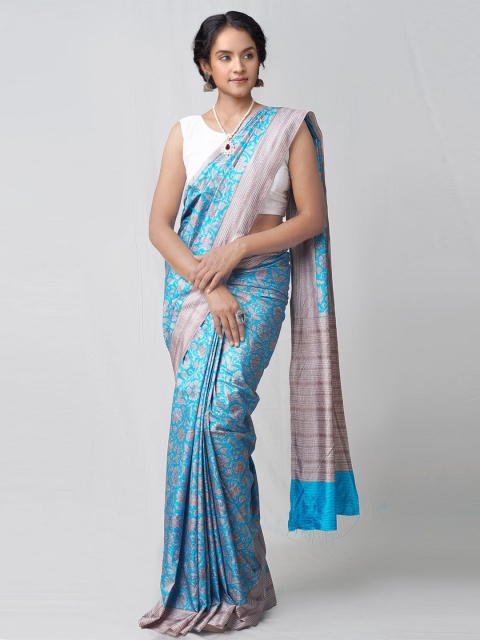 

Unnati Silks Blue & Brown Floral Printed Silk Blend Mysore Silk Saree