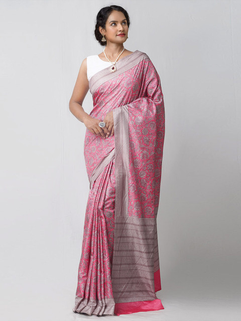 

Unnati Silks Pink & Grey Ethnic Motifs Block Printed Silk Blend Mysore Silk Saree