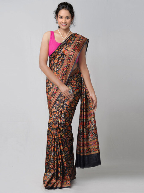 

Unnati Silks Black & Red Ethnic Motifs Block Printed Silk Blend Mysore Silk Saree