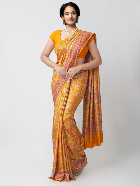 

Unnati Silks Yellow & Pink Floral Silk Blend Mysore Silk Saree