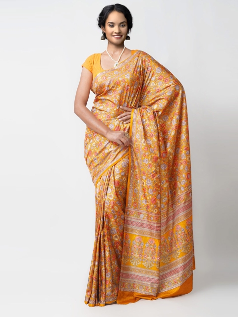 

Unnati Silks Yellow & Purple Ethnic Motifs Printed Silk Blend Mysore Silk Saree