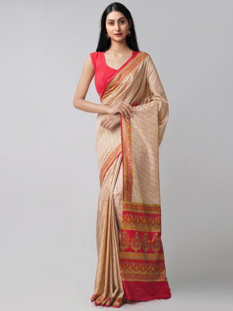 

Unnati Silks Cream-Coloured & Red Ethnic Motifs Silk Blend Mysore Silk Saree