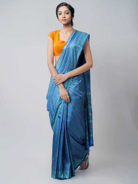 

Unnati Silks Blue & Orange Floral Silk Blend Mysore Silk Saree