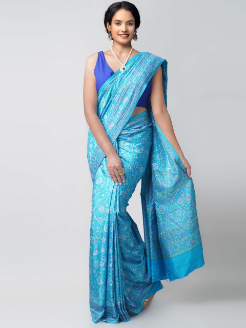 

Unnati Silks Blue & White Ethnic Motifs Block Printed Silk Blend Mysore Silk Saree
