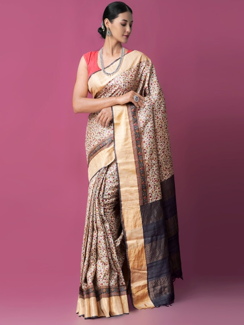

Unnati Silks Beige & Black Handloom Sustainable Ethnic Motifs Zari Pure Silk Tussar Saree