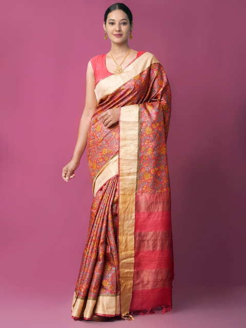 

Unnati Silks Red & Green Handloom Sustainable Ethnic Motifs Zari Pure Silk Tussar Saree