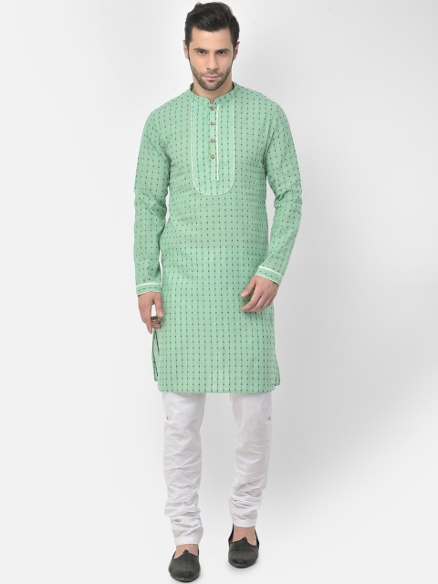 

DEYANN Men Green Striped Pure Cotton Kurta with Churidar