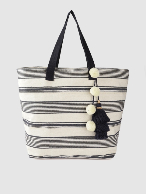 

Accessorize Cream-Coloured & Navy-Blue Striped Shopper Tote Bag with Pom-Poms & Tassle