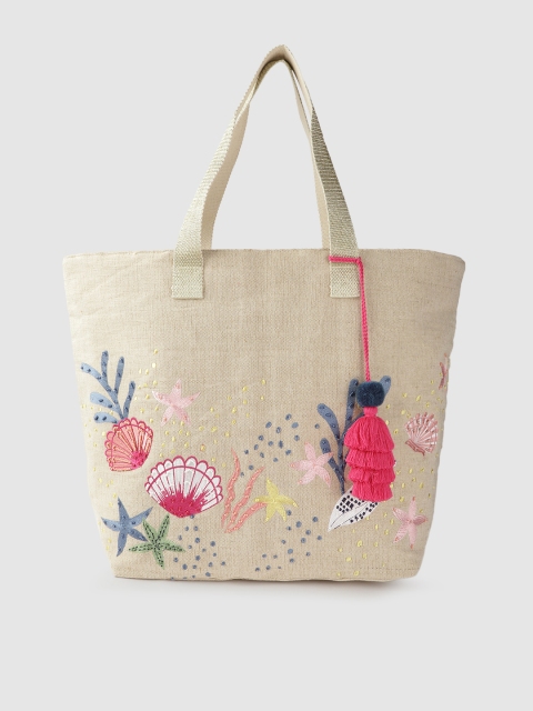 

Accessorize Beige & Pink Beads Embellished Shopper Tote Bag with Pom-Poms & Tassel