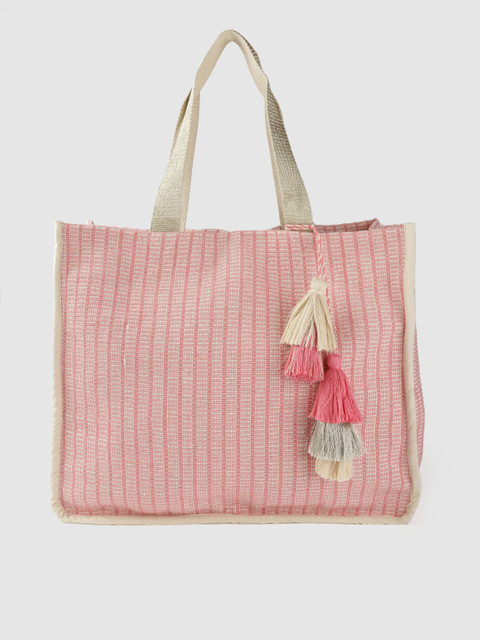

Accessorize Pink & White Woven Design Tote Bag with Tassels