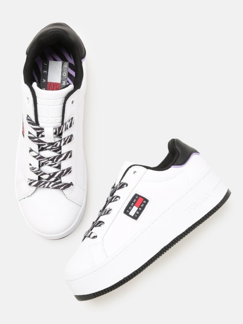 

Tommy Hilfiger Women White Flat Form Wild Animal Cupsole Leather Sneakers