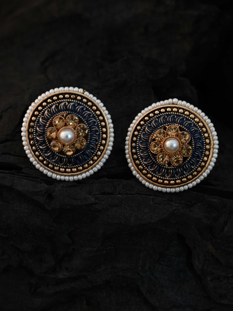 

justpeachy Blue Circular Pearl Embellished Studs Earrings