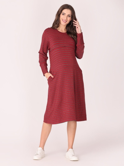 

The Mom Store Red Striped Maternity A-Line Midi Sweater Dress