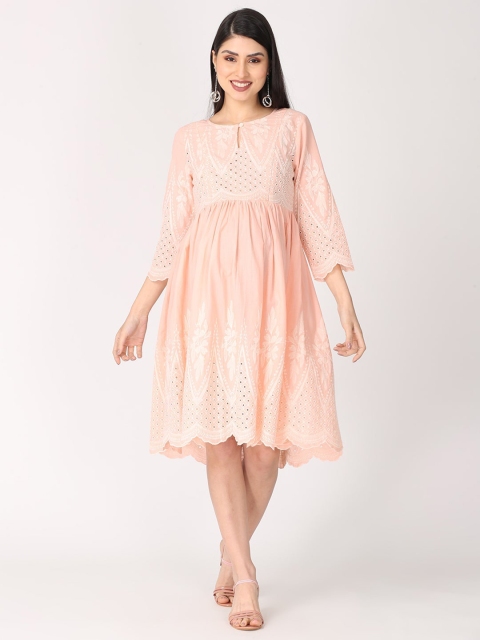 

The Mom Store Women Peach-Coloured & White Pure Cotton Maternity and Nursing Dress