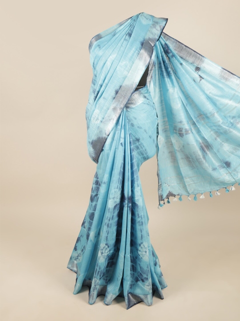 

Pothys Blue & Silver-Toned Tie and Dye Zari Linen Blend Saree